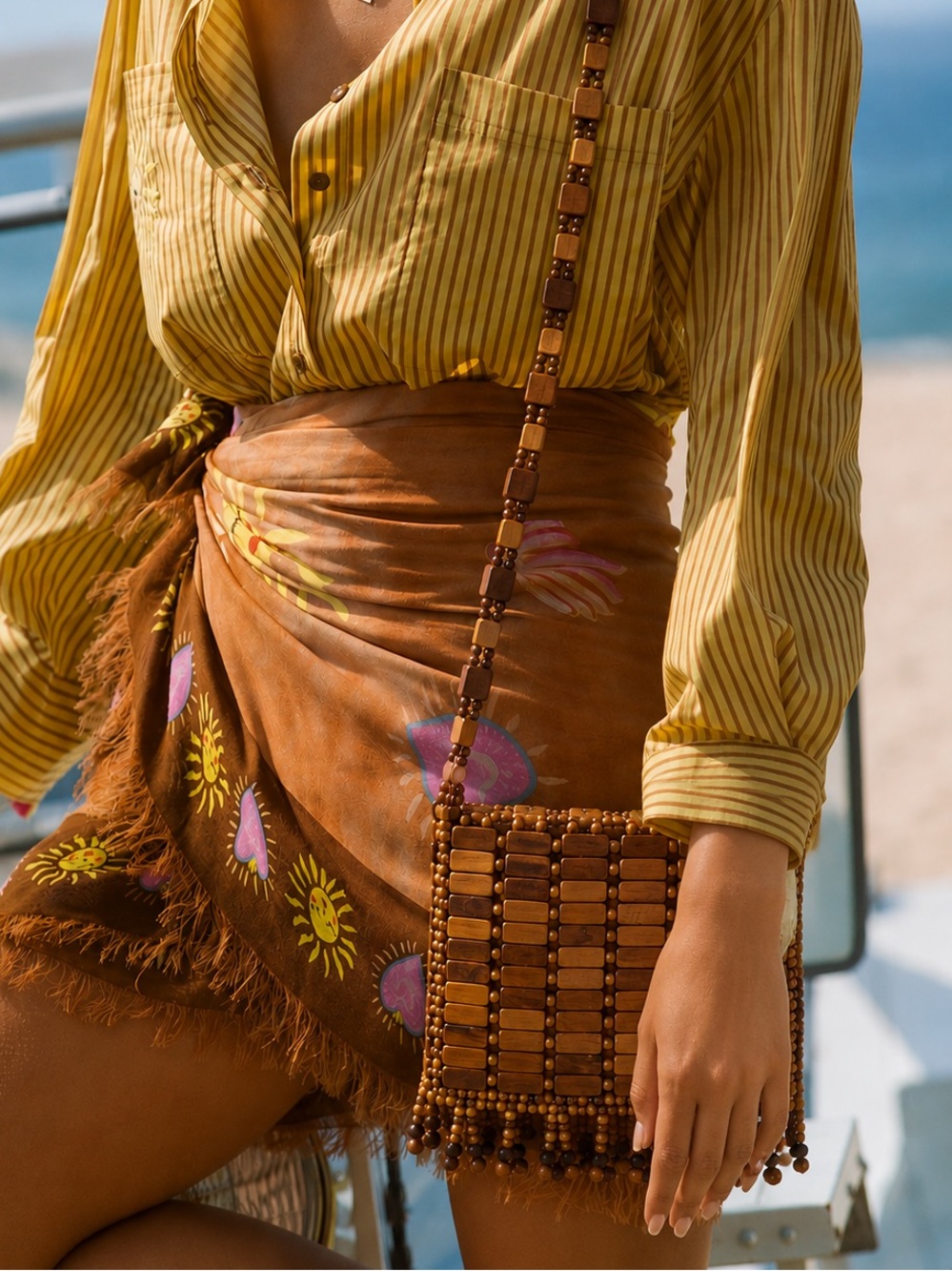 Boho Vintage Wooden Beaded Crossbody Bag | Handmade | Festival | Fringe